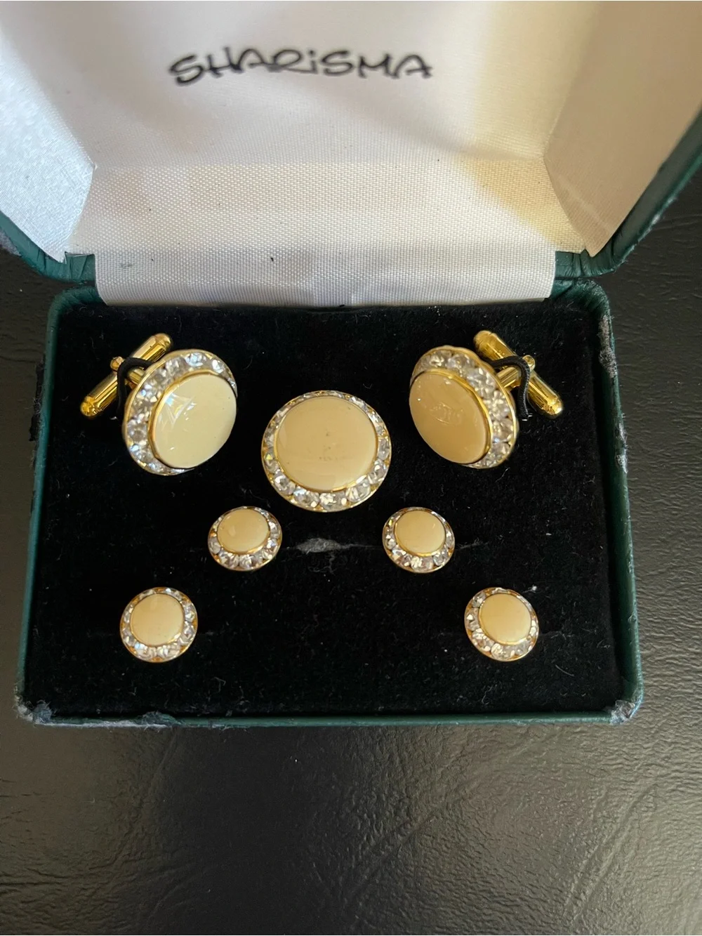 Vintage Gold-Tone color enamel & Rhinestone Men’s Cufflink and Stud Set